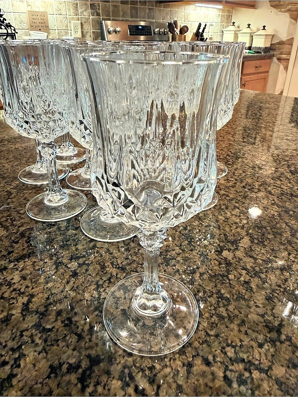 Cut Crystal Water Goblets Set of 11 Diamond Crosshatch Vintage Style Stemware